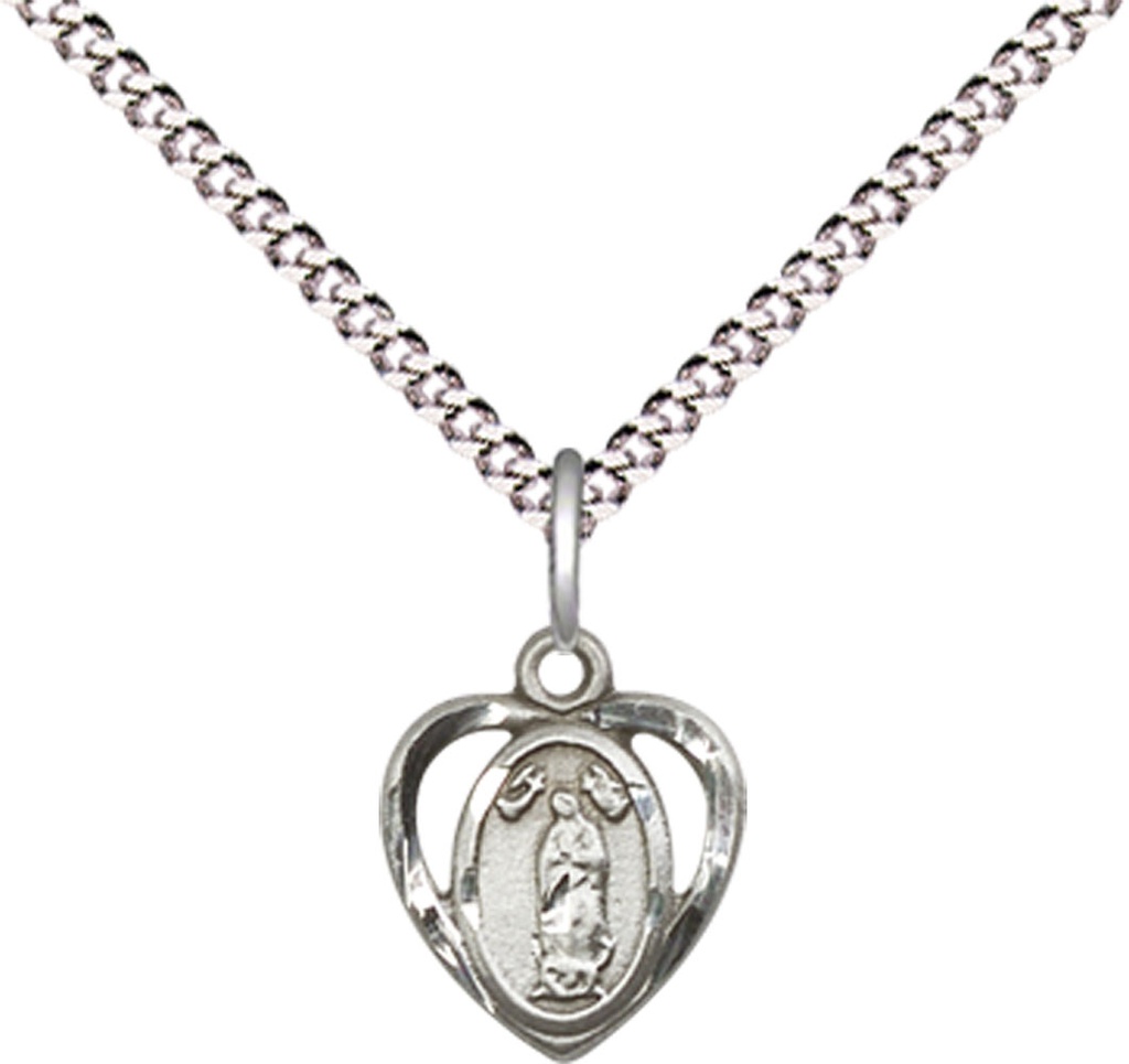 Sterling Silver Our Lady of Guadalupe Pendant on a 18 inch Light Rhodium Light Curb chain