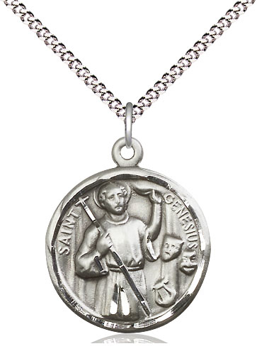 Sterling Silver Saint Genesius of Rome Pendant on a 18 inch Light Rhodium Light Curb chain