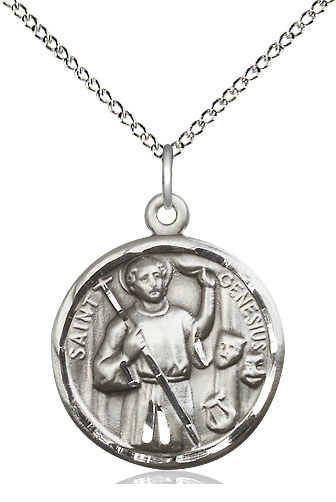 Sterling Silver Saint Genesius of Rome Pendant on a 18 inch Sterling Silver Light Curb chain