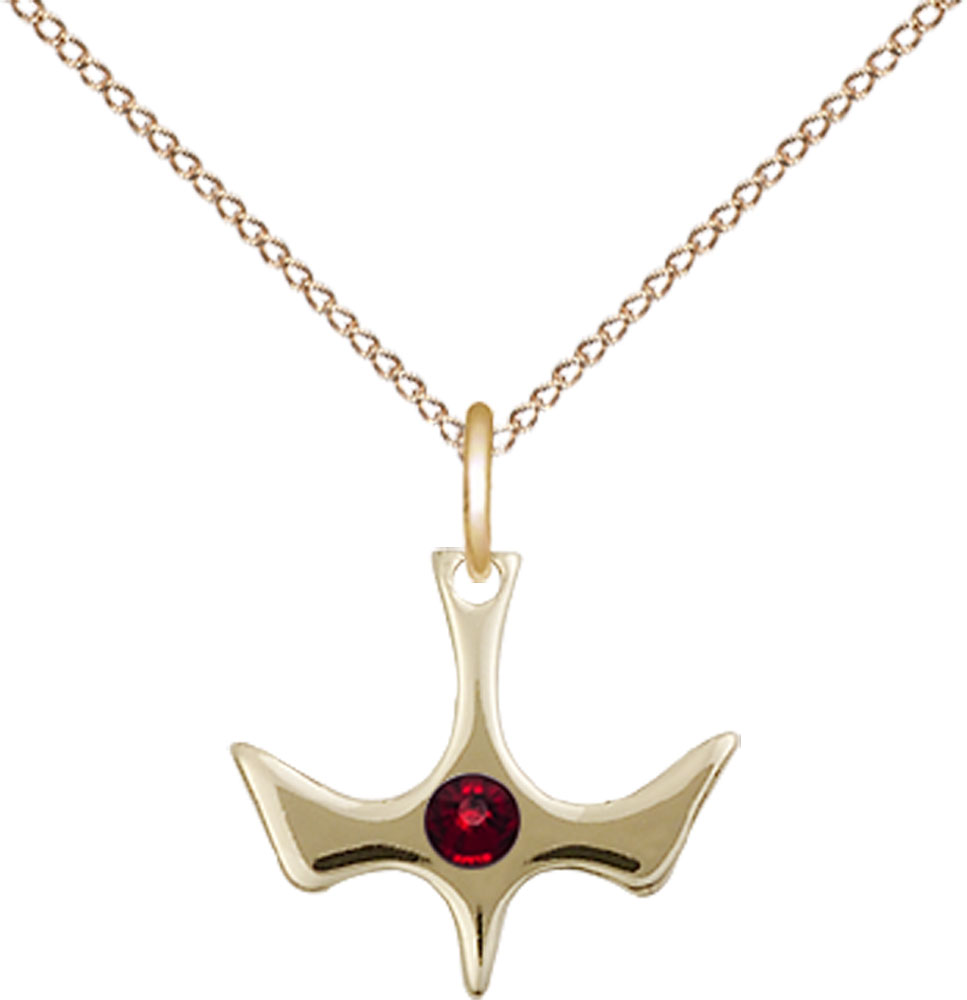 14kt Gold Filled Holy Spirit Pendant with a 3mm Garnet Swarovski stone on a 18 inch Gold Filled Light Curb chain