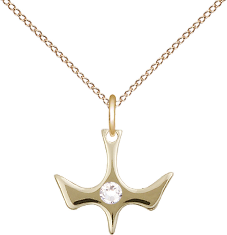 14kt Gold Filled Holy Spirit Pendant with a 3mm Crystal Swarovski stone on a 18 inch Gold Filled Light Curb chain