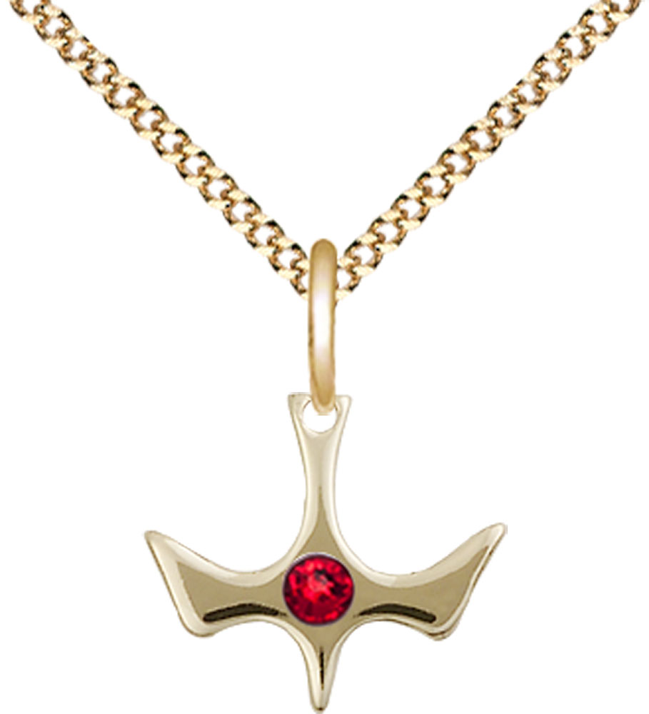 14kt Gold Filled Holy Spirit Pendant with a 3mm Ruby Swarovski stone on a 18 inch Gold Plate Light Curb chain