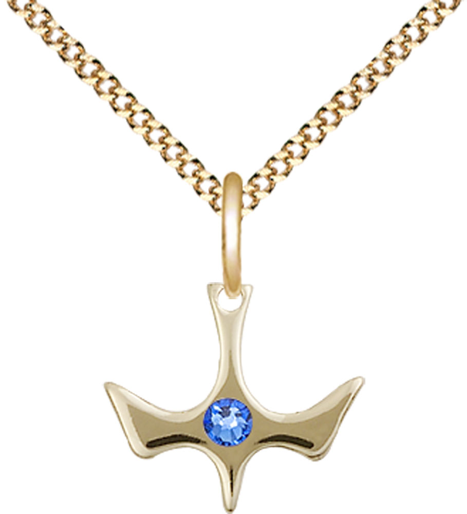 14kt Gold Filled Holy Spirit Pendant with a 3mm Sapphire Swarovski stone on a 18 inch Gold Plate Light Curb chain
