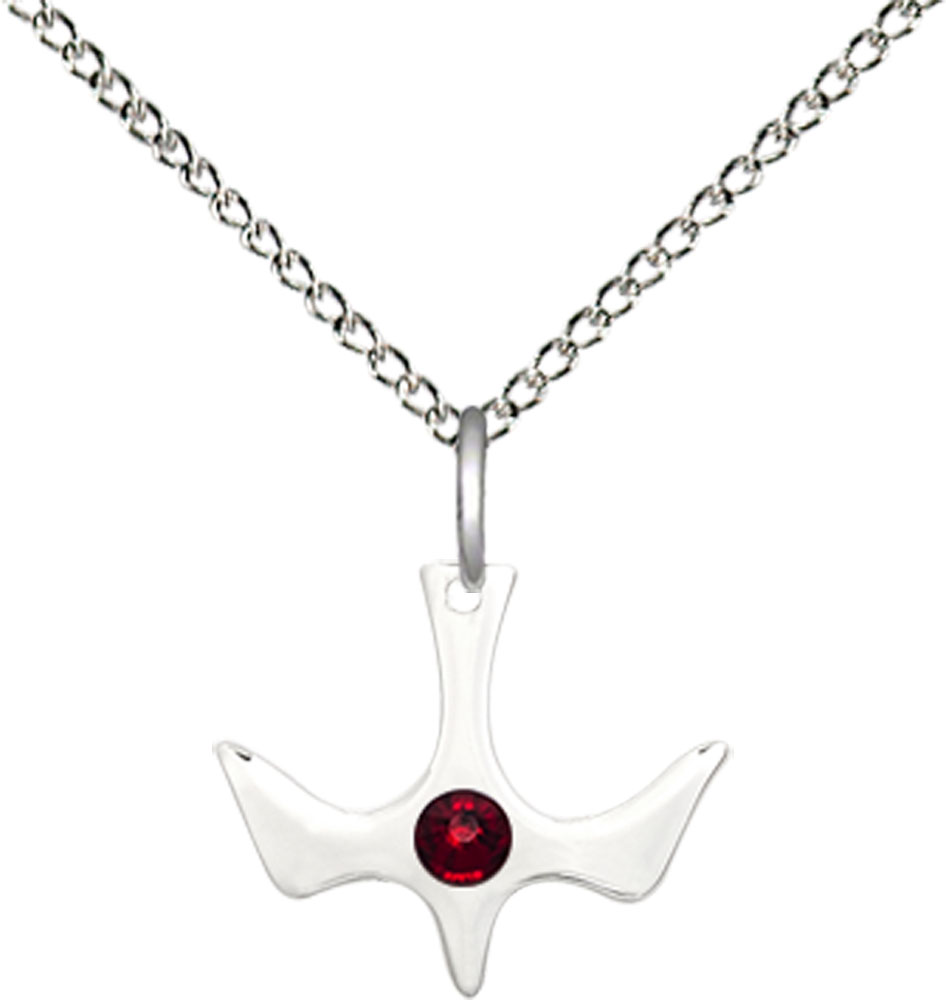 Sterling Silver Holy Spirit Pendant with a 3mm Garnet Swarovski stone on a 18 inch Sterling Silver Light Curb chain