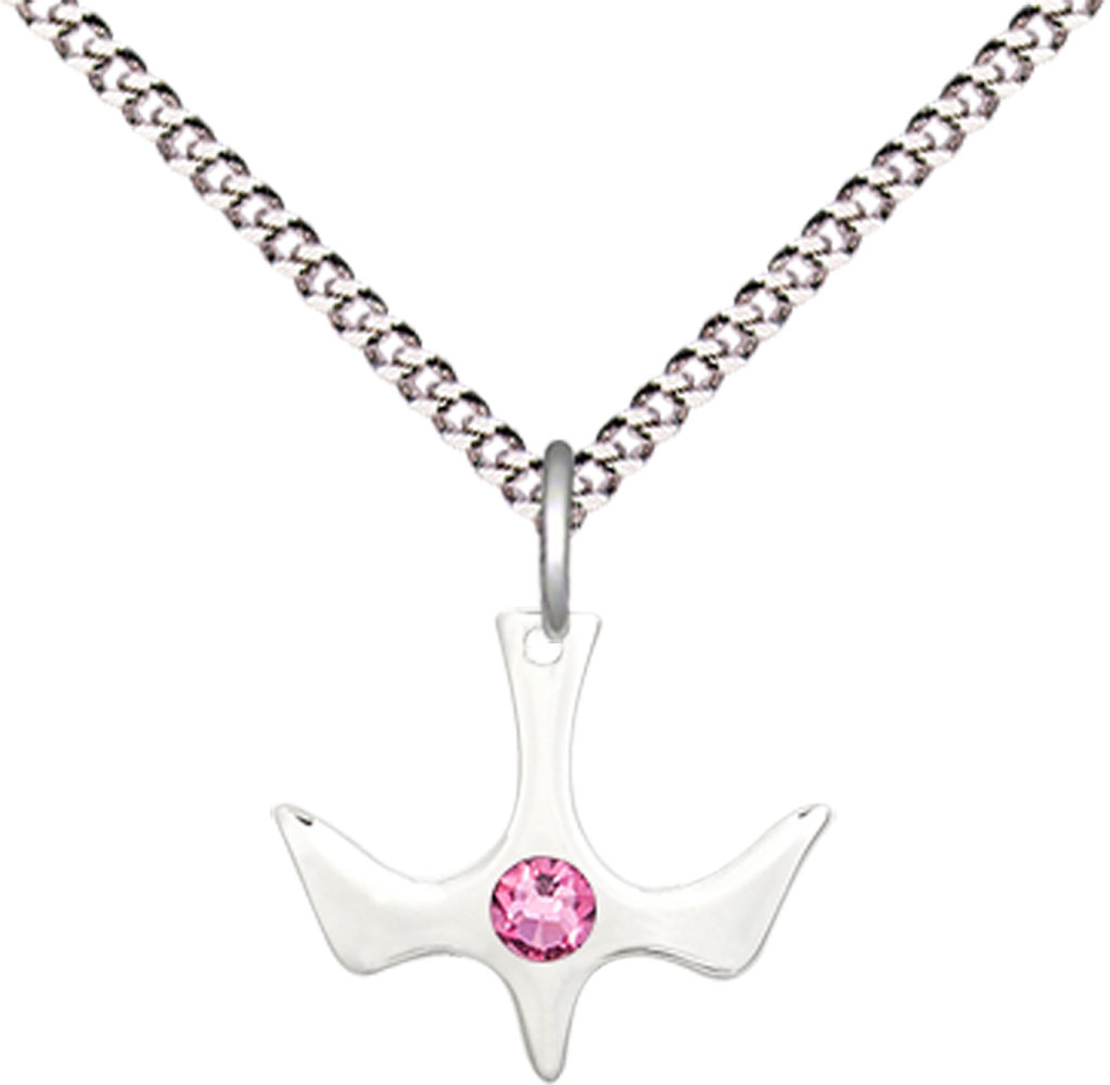 Sterling Silver Holy Spirit Pendant with a 3mm Rose Swarovski stone on a 18 inch Light Rhodium Light Curb chain