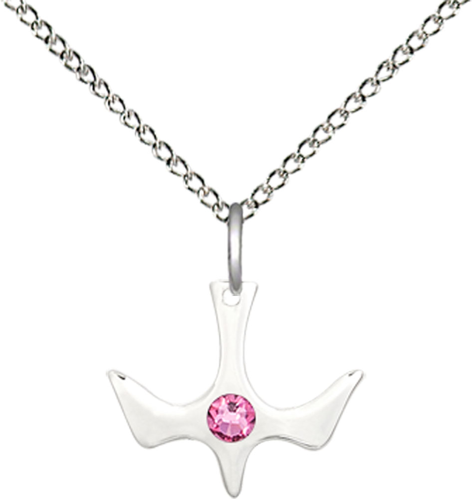 Sterling Silver Holy Spirit Pendant with a 3mm Rose Swarovski stone on a 18 inch Sterling Silver Light Curb chain