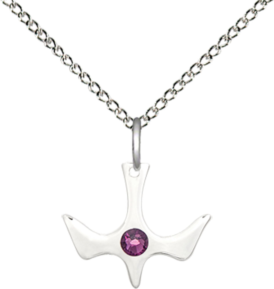 Sterling Silver Holy Spirit Pendant with a 3mm Amethyst Swarovski stone on a 18 inch Sterling Silver Light Curb chain