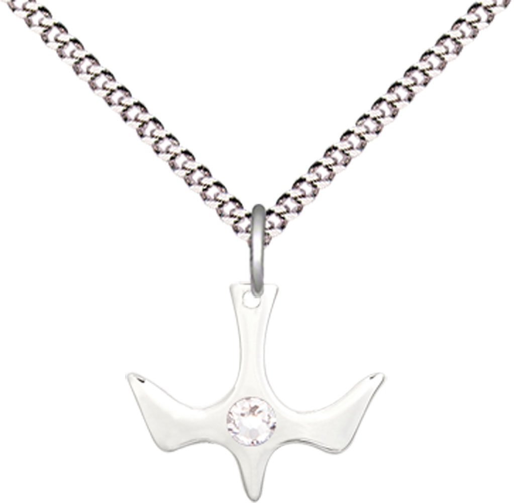 Sterling Silver Holy Spirit Pendant with a 3mm Crystal Swarovski stone on a 18 inch Light Rhodium Light Curb chain