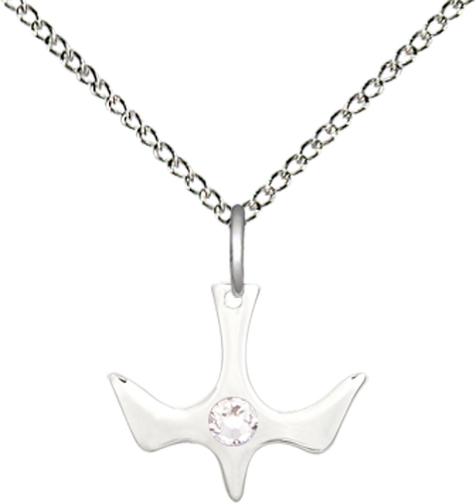 Sterling Silver Holy Spirit Pendant with a 3mm Crystal Swarovski stone on a 18 inch Sterling Silver Light Curb chain