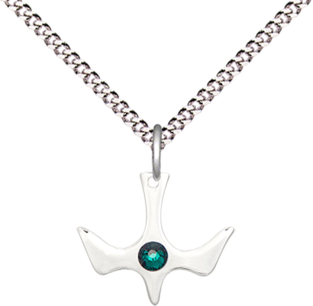 Sterling Silver Holy Spirit Pendant with a 3mm Emerald Swarovski stone on a 18 inch Light Rhodium Light Curb chain