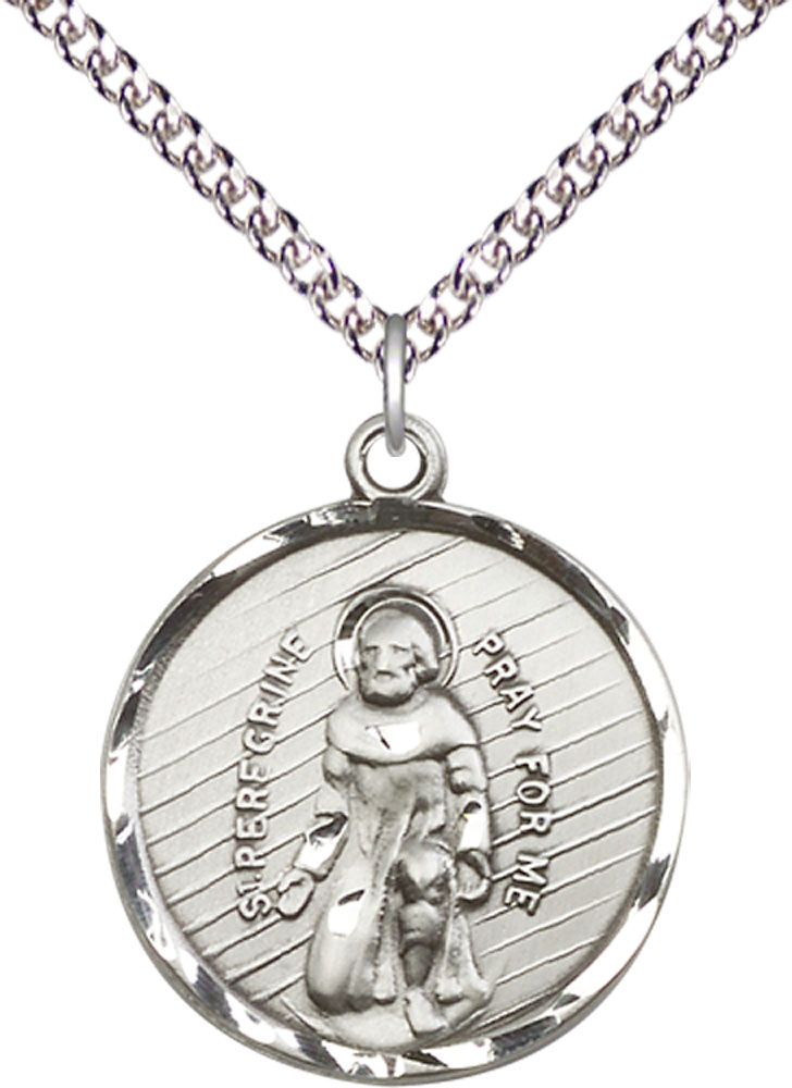 Sterling Silver Saint Perregrine Pendant on a 24 inch Sterling Silver Heavy Curb chain