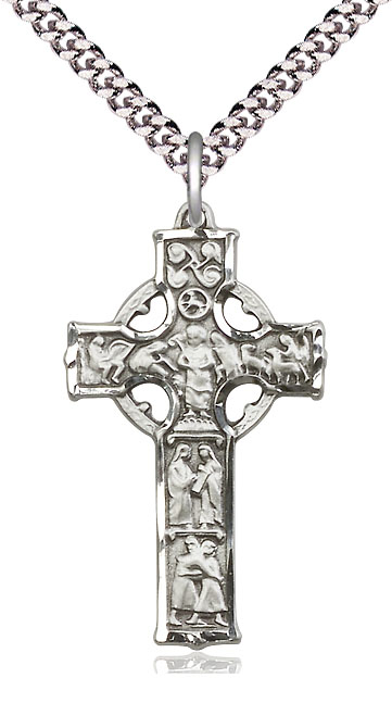 Sterling Silver Celtic Cross Pendant on a 24 inch Light Rhodium Heavy Curb chain
