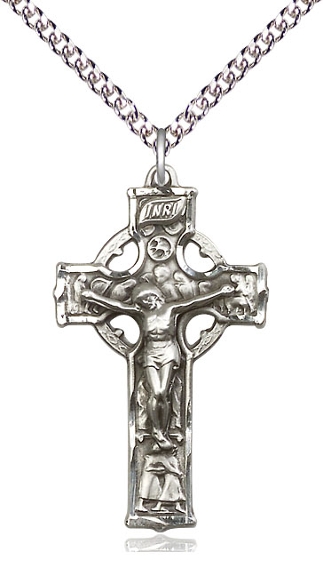 Sterling Silver Celtic Crucifix Pendant on a 24 inch Sterling Silver Heavy Curb chain