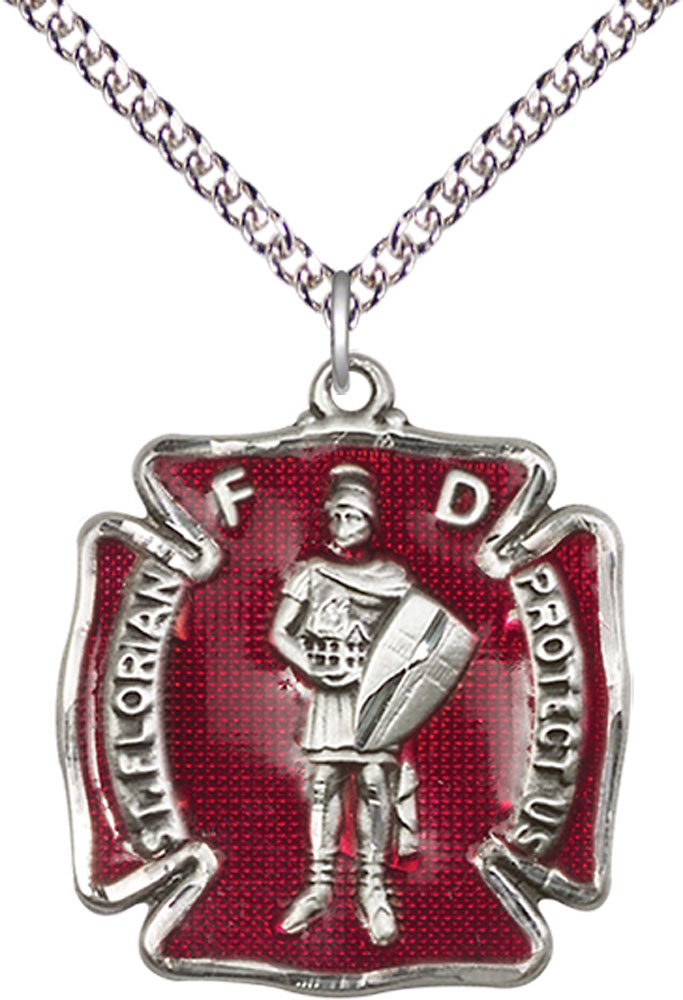 Sterling Silver Saint Florian Pendant on a 24 inch Sterling Silver Heavy Curb chain