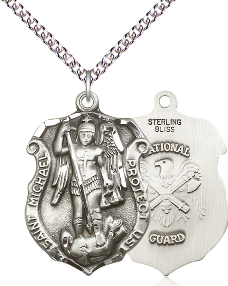 Sterling Silver Saint Michael National Guard Pendant on a 24 inch Sterling Silver Heavy Curb chain