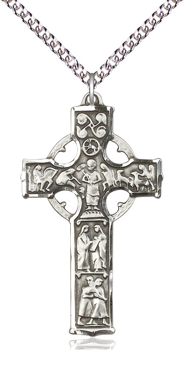 Sterling Silver Celtic Cross Pendant on a 24 inch Sterling Silver Heavy Curb chain