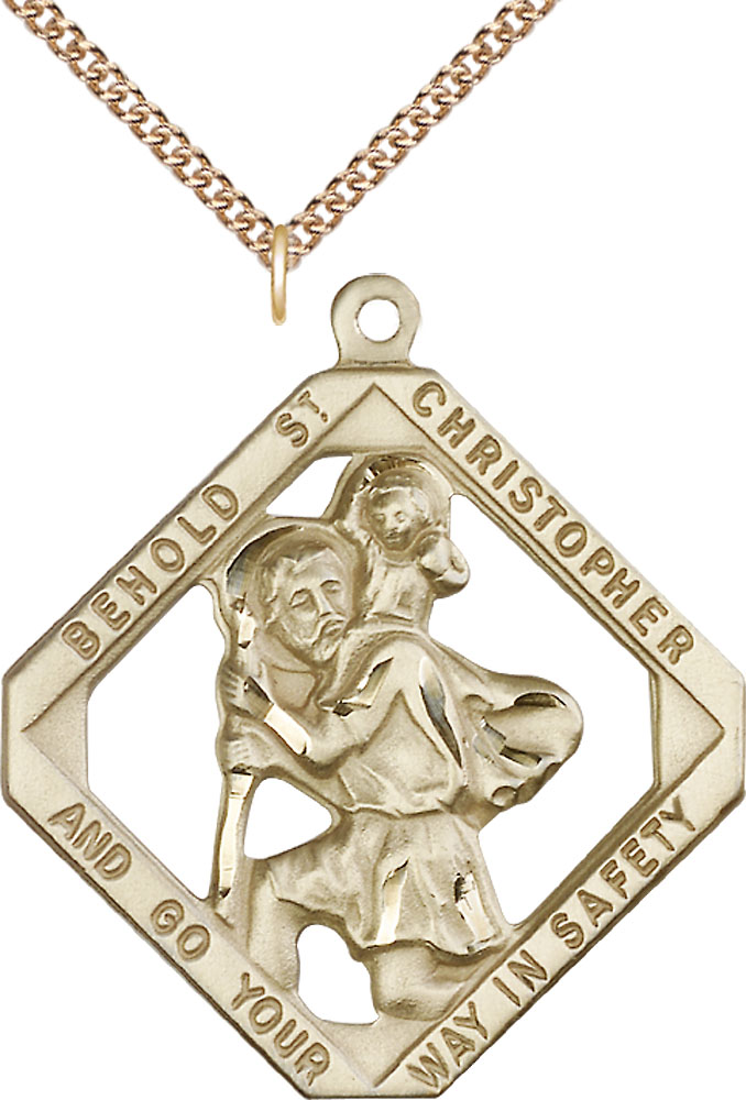 14kt Gold Filled Saint Christopher Pendant on a 24 inch Gold Filled Heavy Curb chain