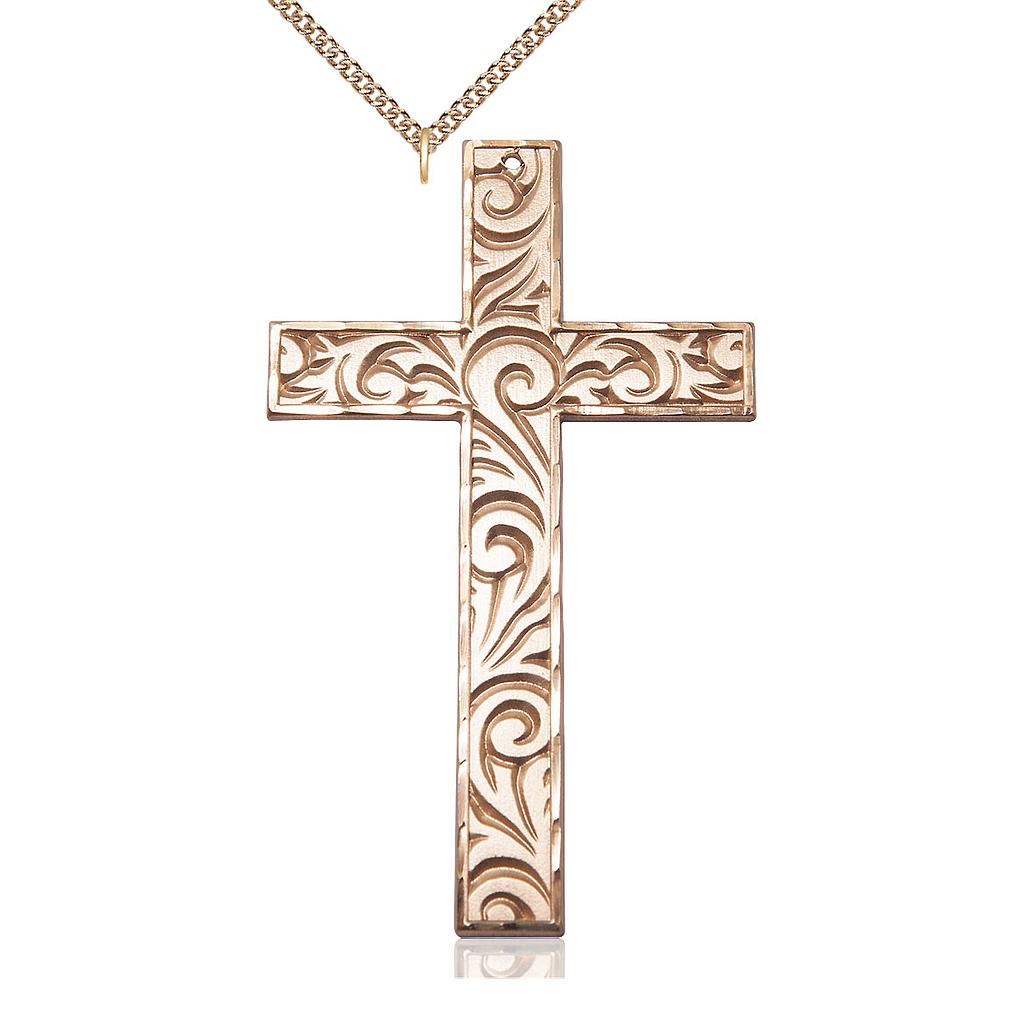 14kt Gold Filled Knurled Cross Pendant on a 24 inch Gold Filled Heavy Curb chain
