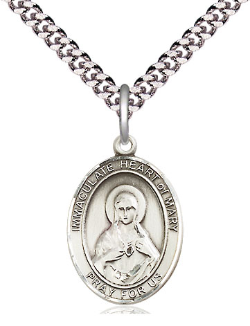 Sterling Silver Immaculate Heart of Mary Pendant on a 24 inch Light Rhodium Heavy Curb Chain