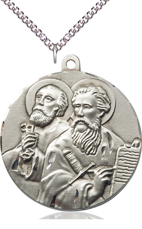 Sterling Silver Saint Peter St Paul Pendant on a 24 inch Sterling Silver Heavy Curb chain