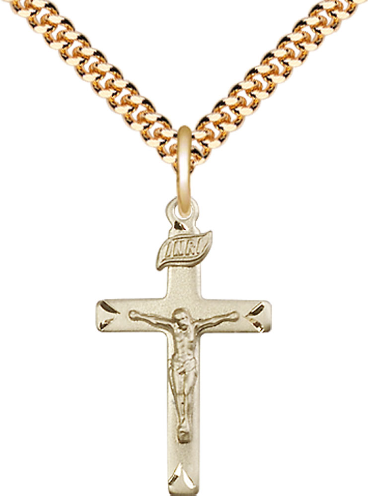 14kt Gold Filled Crucifix Pendant on a 24 inch Gold Plate Heavy Curb chain