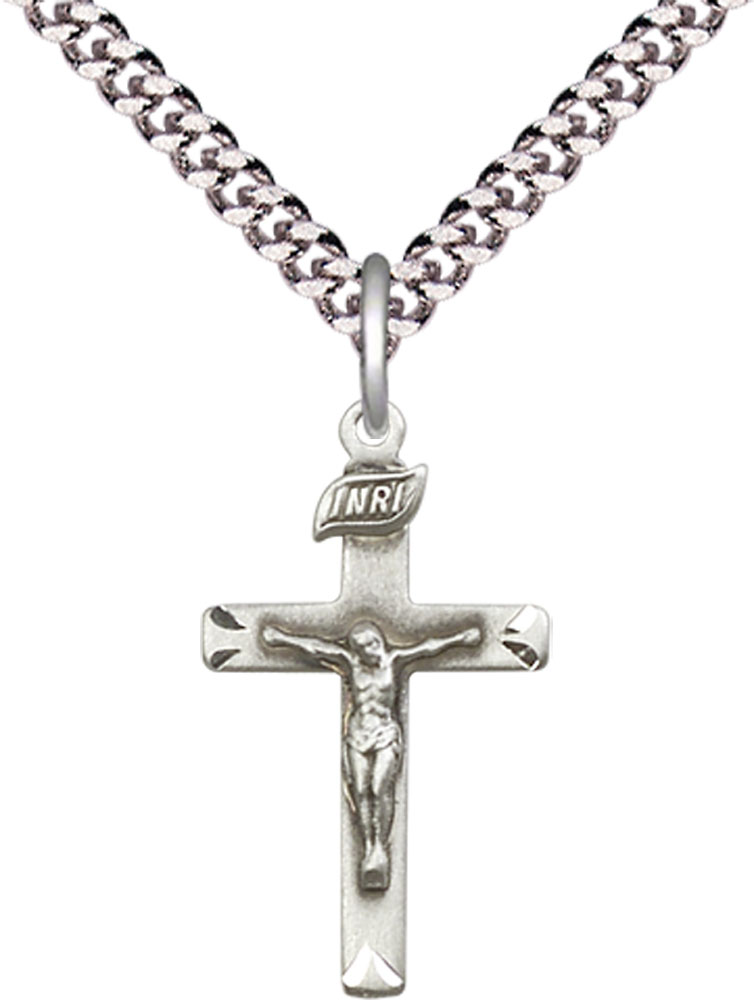 Sterling Silver Crucifix Pendant on a 24 inch Light Rhodium Heavy Curb chain