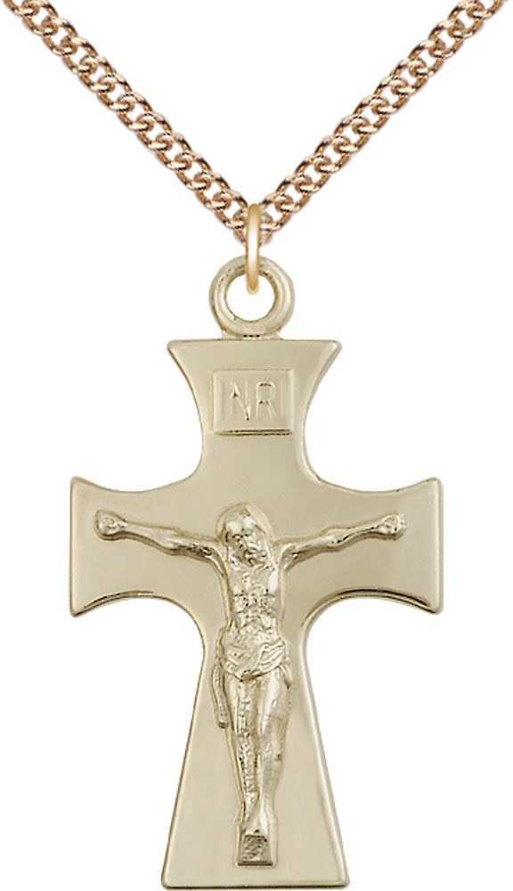14kt Gold Filled Celtic Crucifix Pendant on a 24 inch Gold Filled Heavy Curb chain