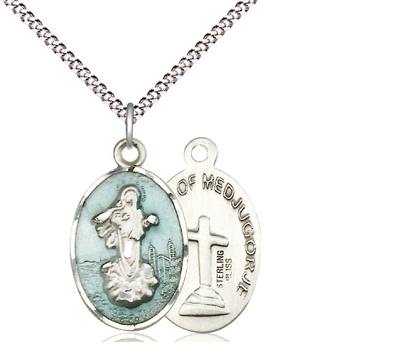 Sterling Silver Our Lady of Medugorje Pendant on a 18 inch Light Rhodium Light Curb chain