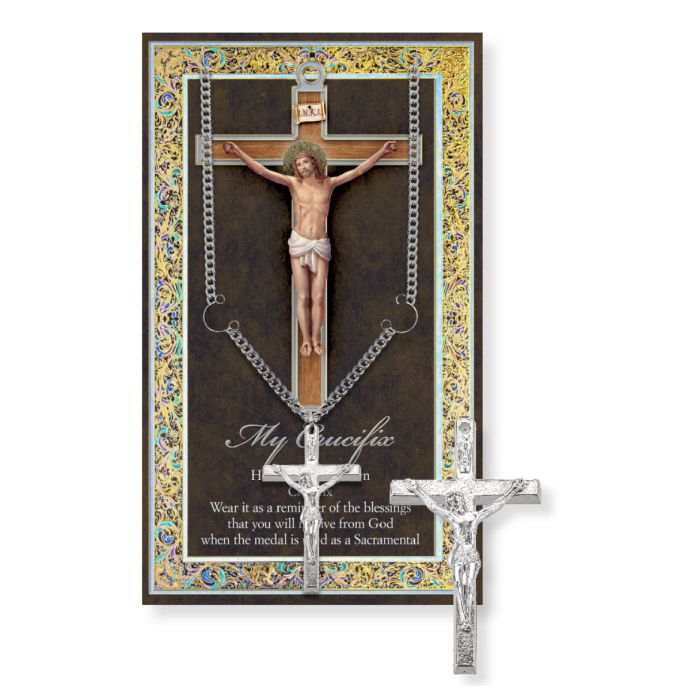 My Crucifix Genuine Pewter Medal on a 24" Chain with Biography and Picture Folder 