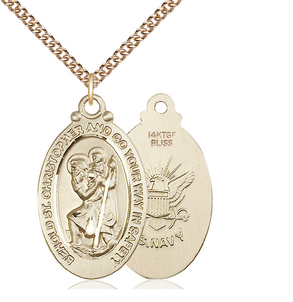 14kt Gold Filled Saint Christopher Navy Pendant on a 24 inch Gold Filled Heavy Curb chain