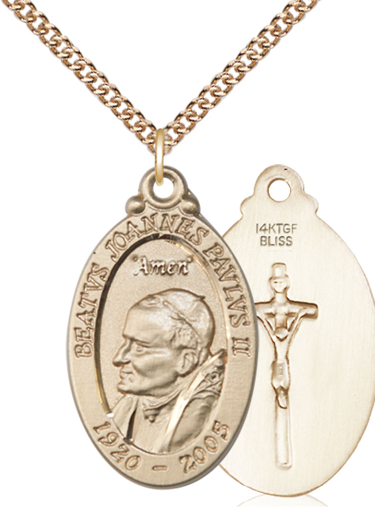 14kt Gold Filled Saint John Paul II Pendant on a 24 inch Gold Filled Heavy Curb chain