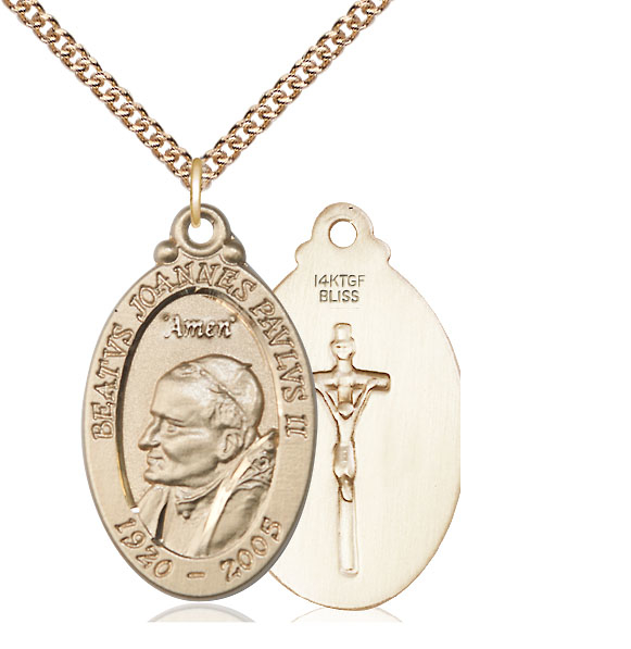 14kt Gold Filled Saint John Paul II Pendant on a 24 inch Gold Filled Heavy Curb chain
