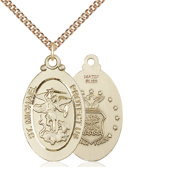 14kt Gold Filled Saint Michael Air Force Pendant on a 24 inch Gold Filled Heavy Curb chain