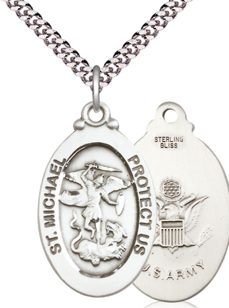 Sterling Silver Saint Michael Army Pendant on a 24 inch Light Rhodium Heavy Curb chain