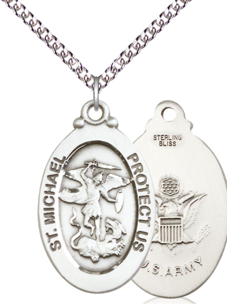 Sterling Silver Saint Michael Army Pendant on a 24 inch Sterling Silver Heavy Curb chain