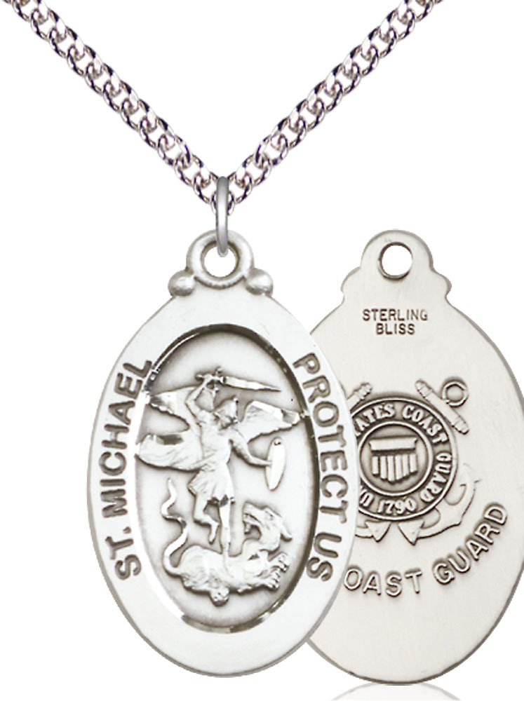 Sterling Silver Saint Michael Coast Guard Pendant on a 24 inch Sterling Silver Heavy Curb chain