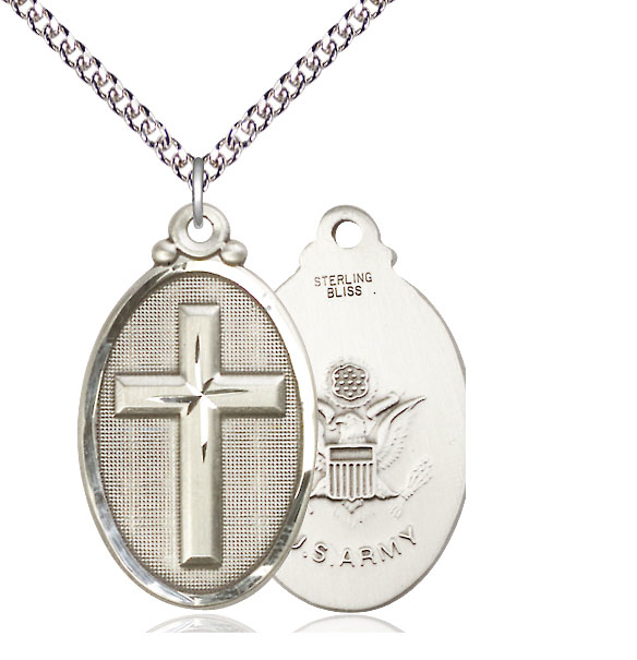 Sterling Silver Cross Army Pendant on a 24 inch Sterling Silver Heavy Curb chain