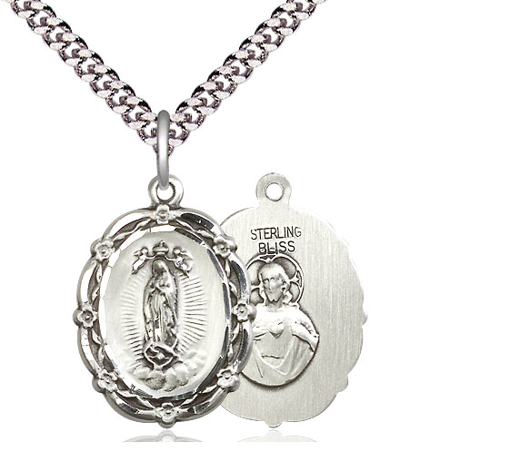 Sterling Silver Our Lady of Guadalupe Pendant on a 24 inch Light Rhodium Heavy Curb chain