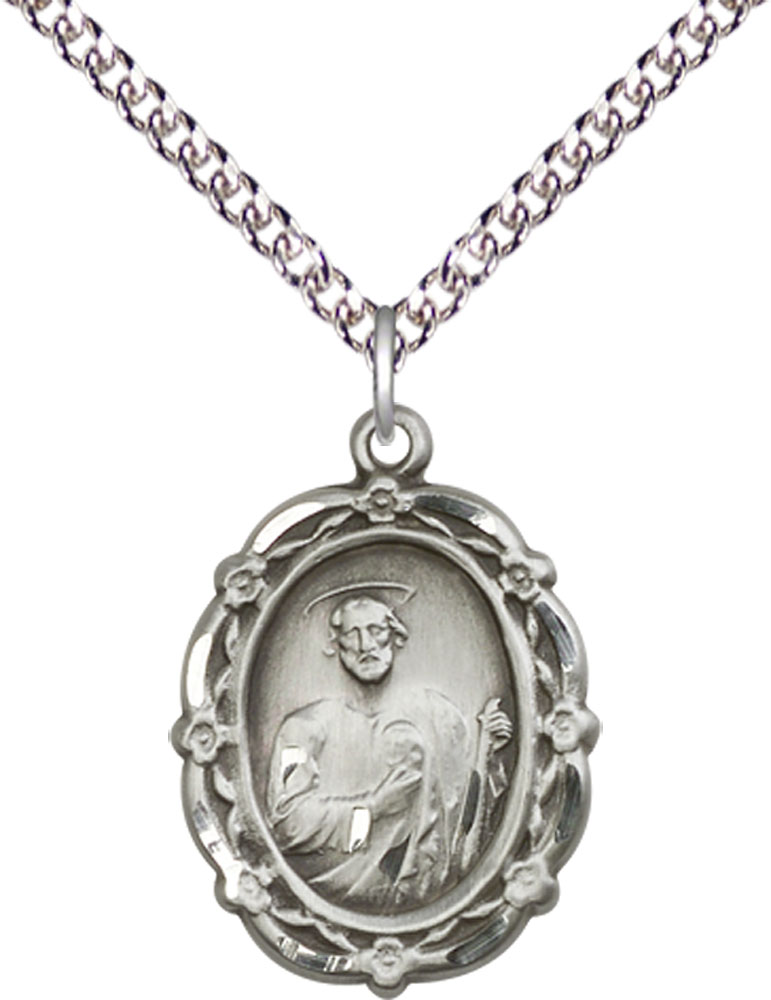 Sterling Silver Saint Jude Pendant on a 24 inch Sterling Silver Heavy Curb chain