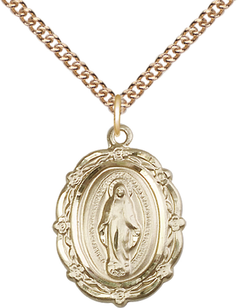 14kt Gold Filled Miraculous Pendant on a 24 inch Gold Filled Heavy Curb chain