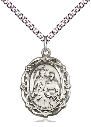 Sterling Silver Saint Raphael the Archangel Pendant on a 24 inch Sterling Silver Heavy Curb chain