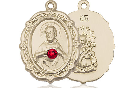 14kt Gold Scapular w/ Ruby Stone Medal with a 3mm Ruby Swarovski stone