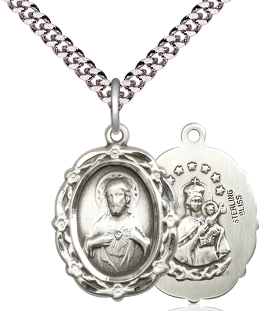 Sterling Silver Scapular Pendant on a 24 inch Light Rhodium Heavy Curb chain