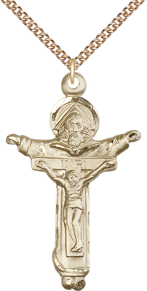 14kt Gold Filled Trinity Crucifix Pendant on a 24 inch Gold Filled Heavy Curb chain