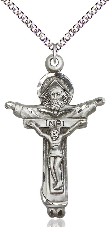 Sterling Silver Trinity Crucifix Pendant on a 24 inch Sterling Silver Heavy Curb chain