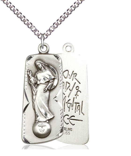 Sterling Silver Our Lady of Mental Peace Pendant on a 24 inch Sterling Silver Heavy Curb chain