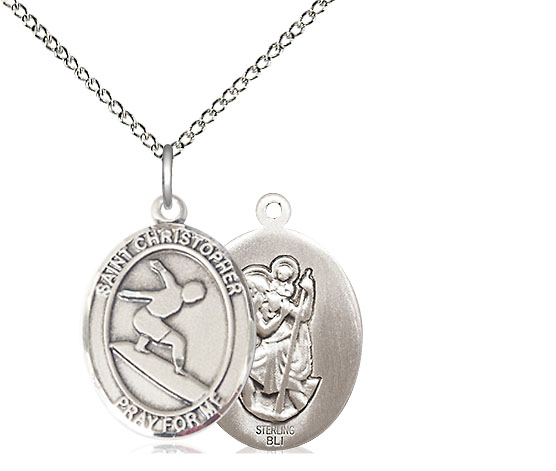 Sterling Silver Saint Christopher Surfing Pendant on a 18 inch Sterling Silver Light Curb chain