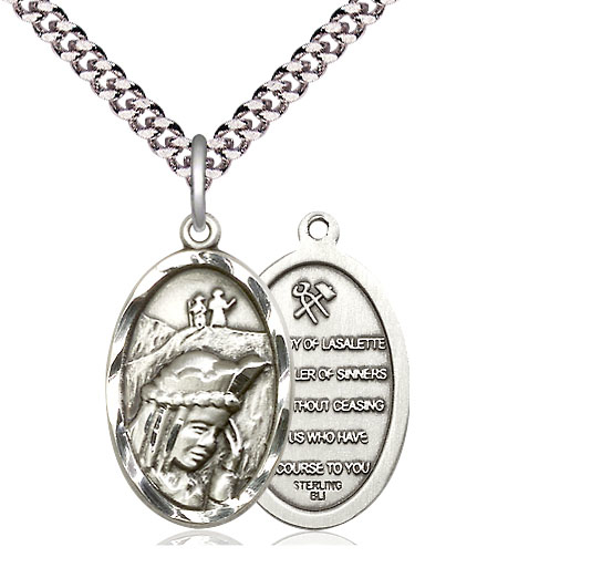 Sterling Silver Our Lady of la Salette Pendant on a 24 inch Light Rhodium Heavy Curb chain