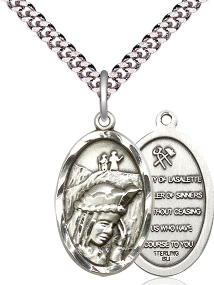 Sterling Silver Our Lady of la Salette Pendant on a 24 inch Light Rhodium Heavy Curb chain