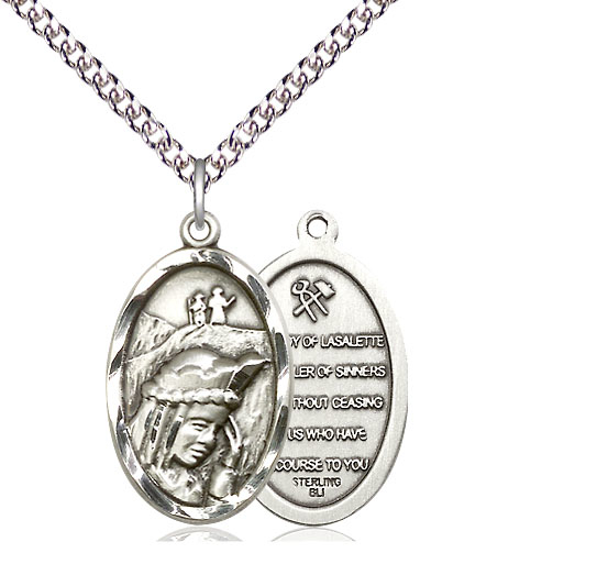 Sterling Silver Our Lady of la Salette Pendant on a 24 inch Sterling Silver Heavy Curb chain